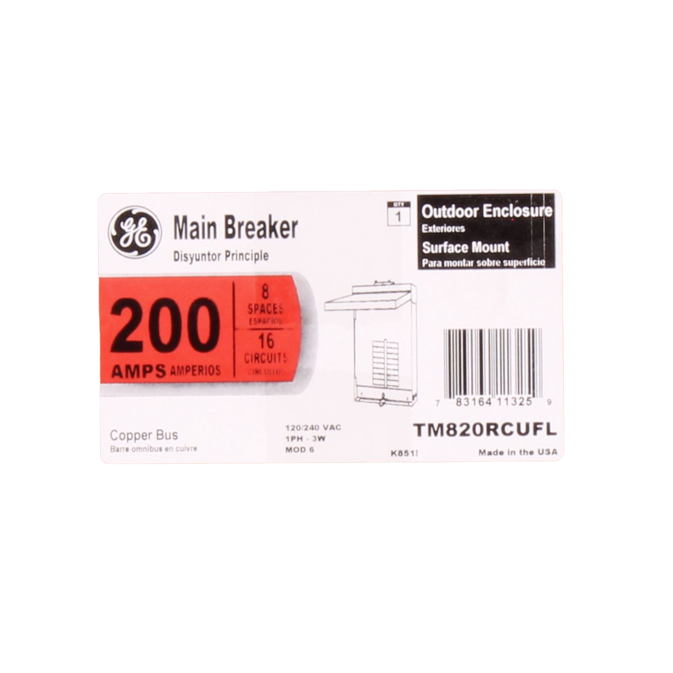 GEE TM820RCUFL 200A 3R 8 SPACE 22K IC MAIN BREAKER W/ FEED THRU LUGS AT BOTTOM RATED 200A 12-1/2W 28-11/16H 4-5/8D