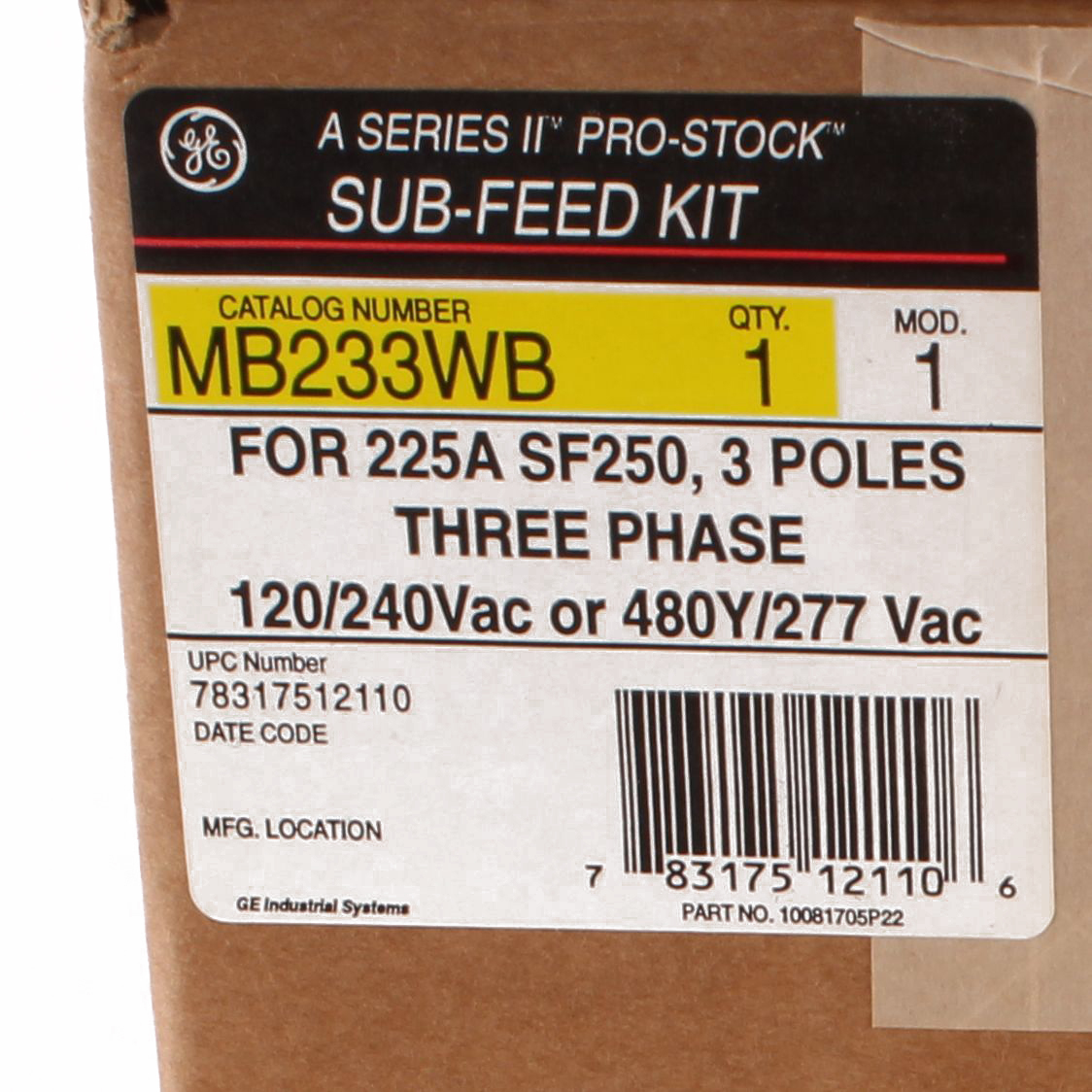 GEE MB233WB BREAKER KITS: SF-WB: 3P 225 AMP INCLUDES BREAKER 600 VOLT CAN BE USED FOR 120/208 VOLT