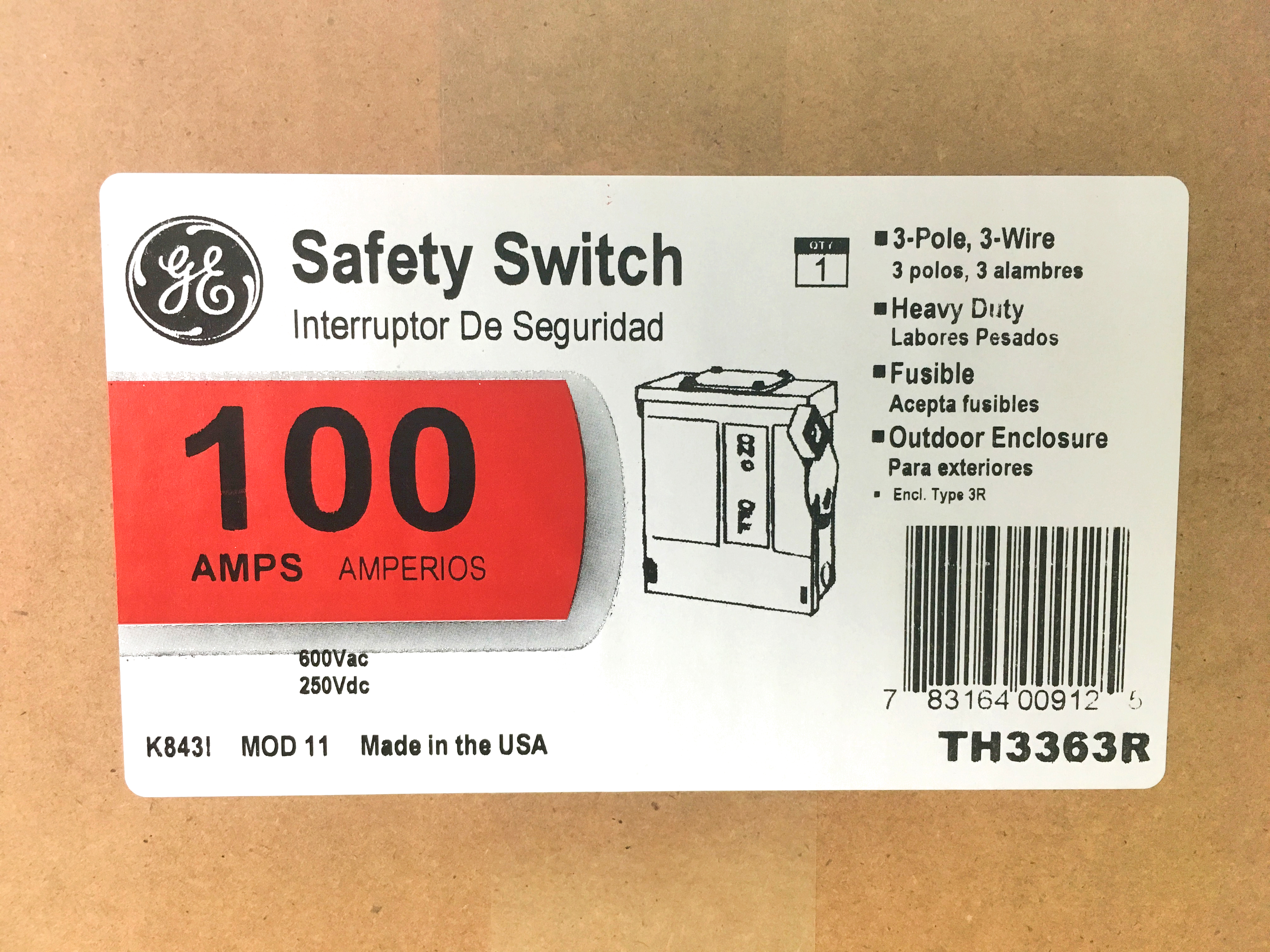 GEE TH3363R 3 POLE 600V 100 AMP FUSIBLE TYPE 3R SWITCH