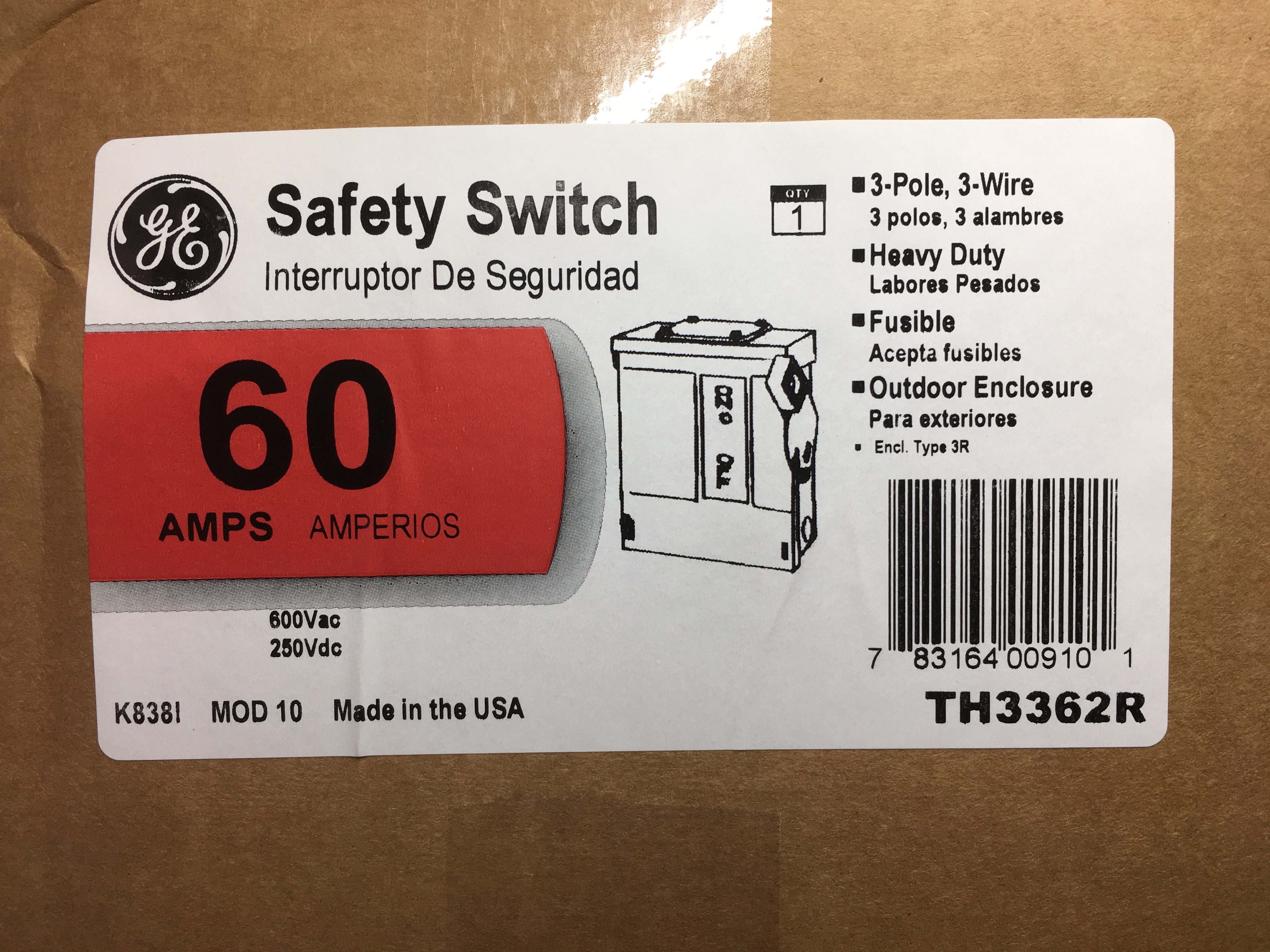 GEE TH3362R 3 POLE 600V 60 AMP FUSIBLE TYPE 3R DISCONNECT SWITCH